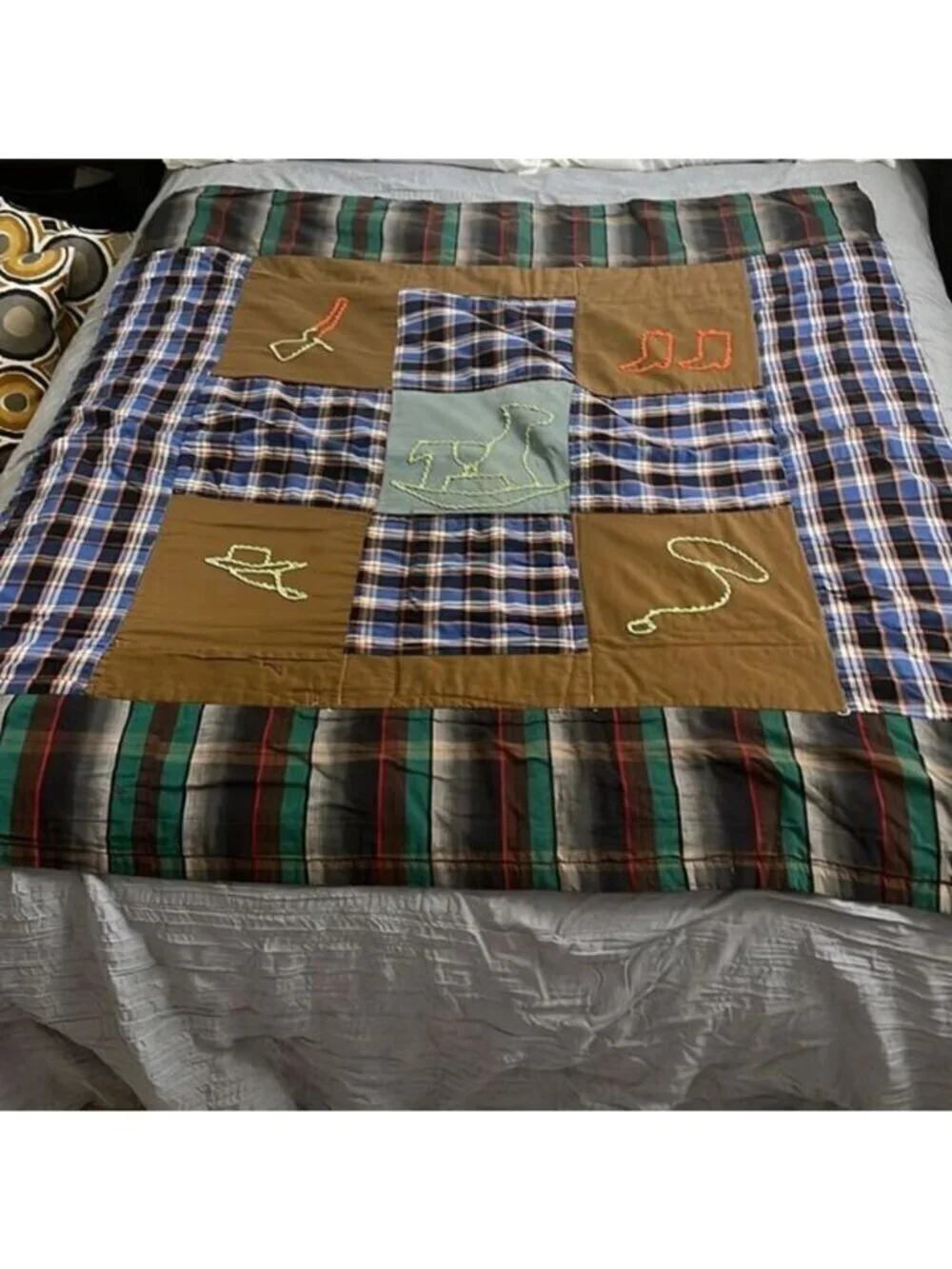 Homemade Plaid Squares Western‎ Corduroy Squares Vintage Quilt 25 In x 54 In